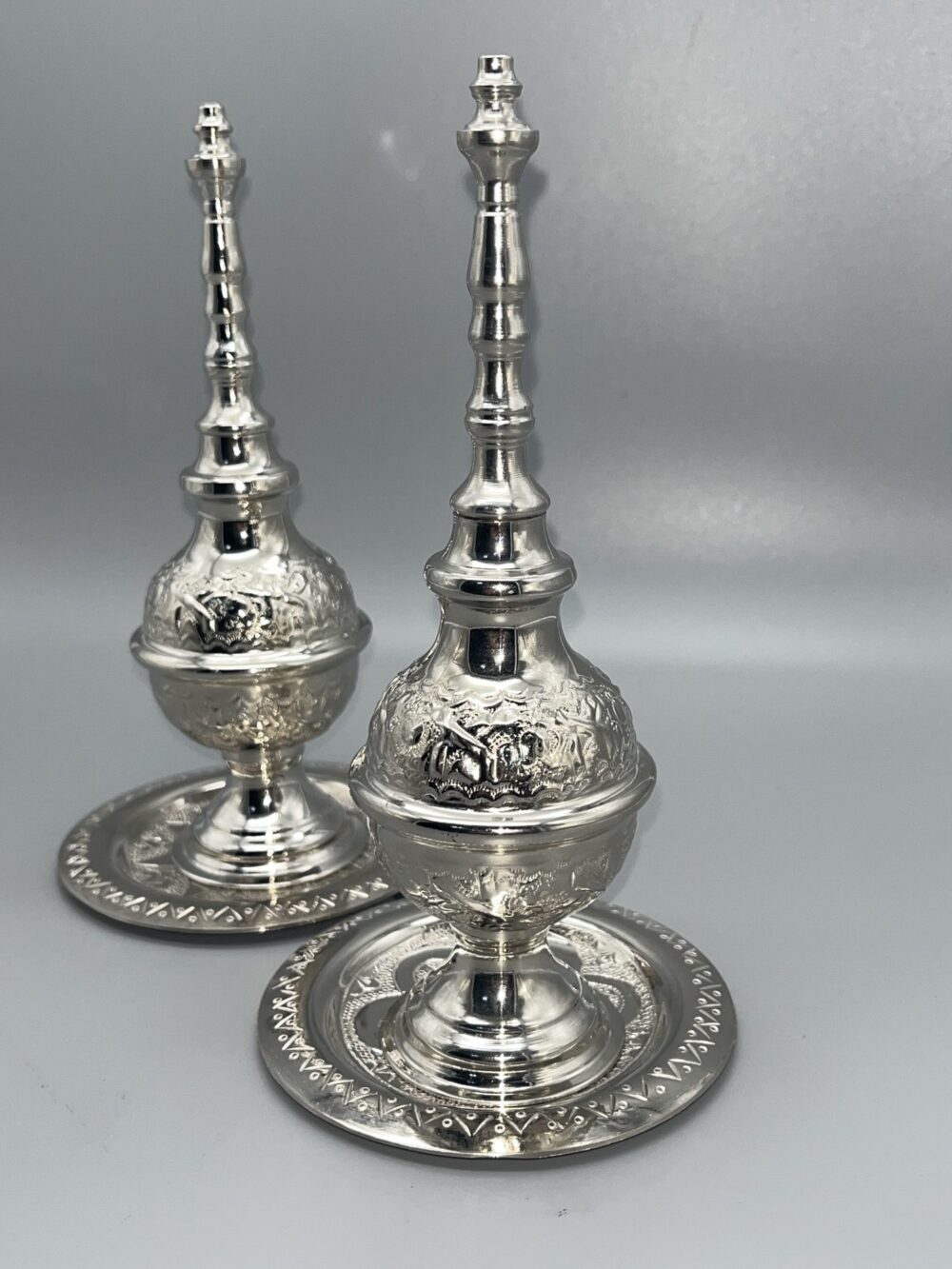 Exquisite Moroccan Silver Perfume Bottles with Trays – Set of Two