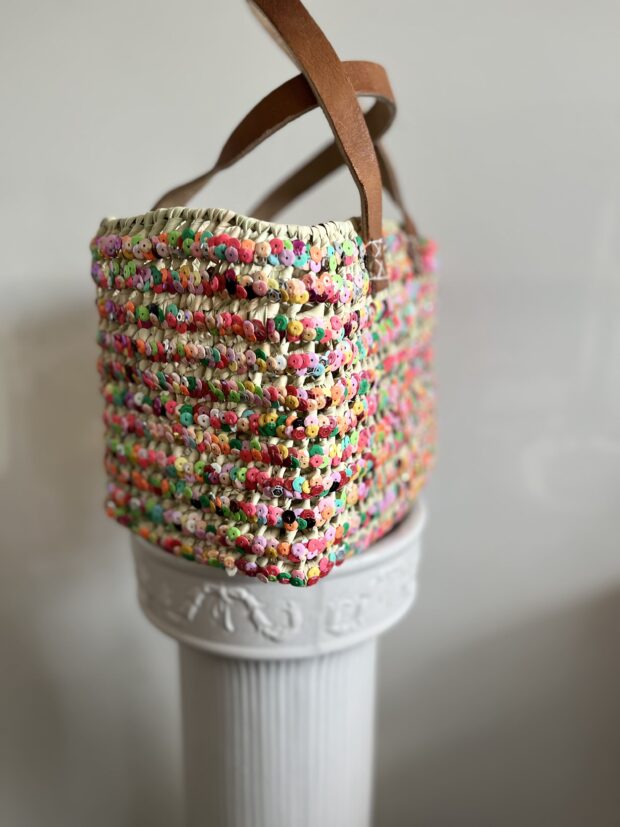 Colorful Raffia Tote Bag with Leather Handles